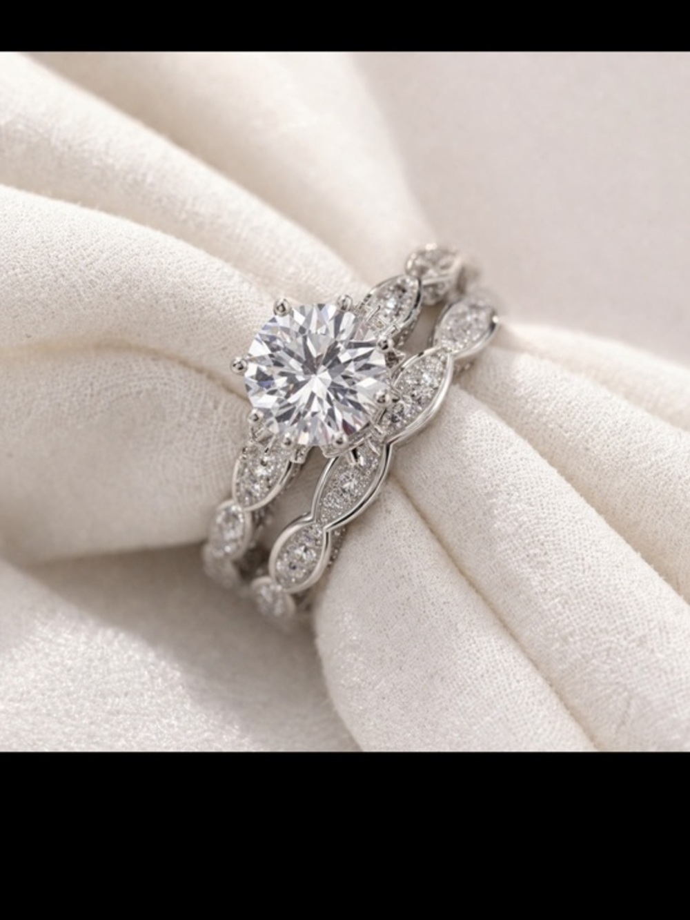 wedding engagement bridal diamond ring set 14k white gold overlay 2pc Edwardian